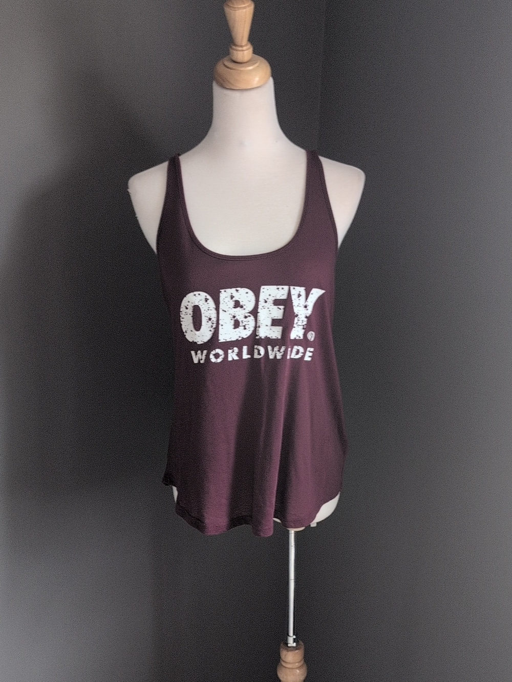 Obey Women's Maroon Scoop Neck Tank with White Logo Small